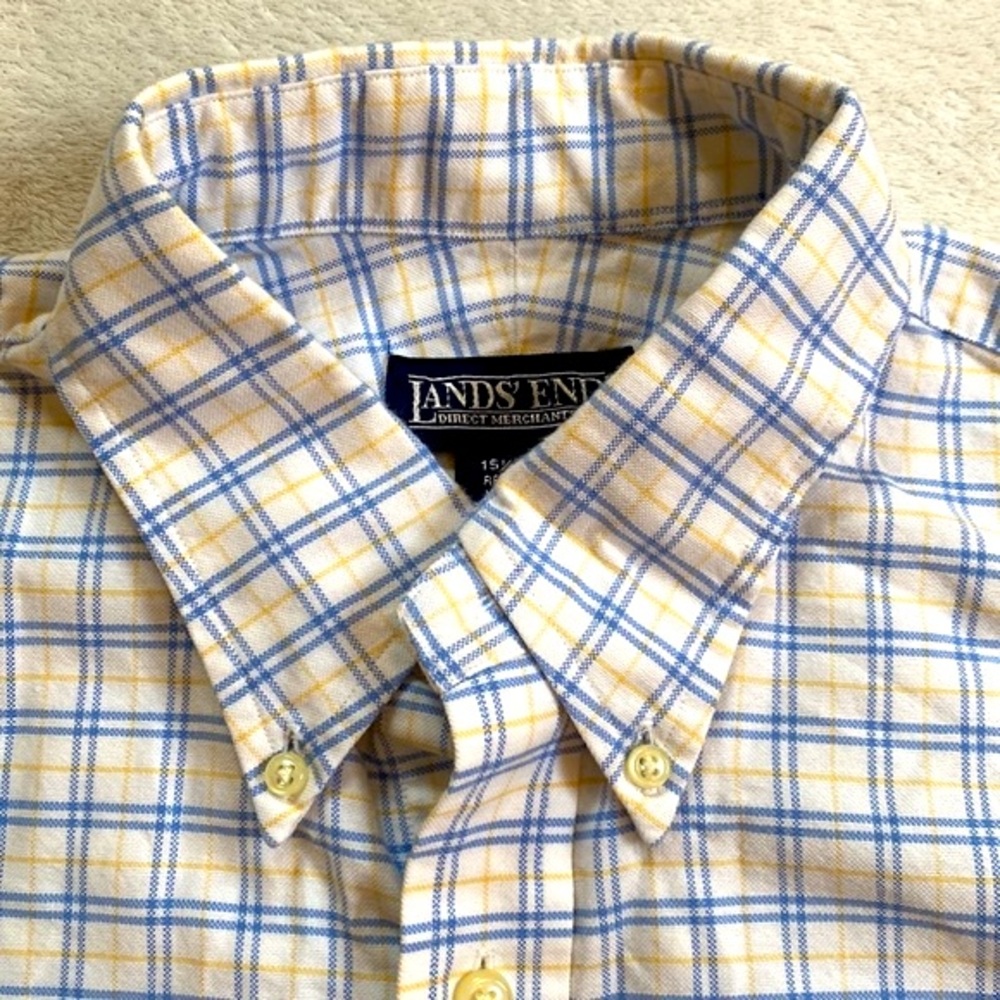 Lands End 100% cotton blue & yellow windowpane check buttondown Size 15.5